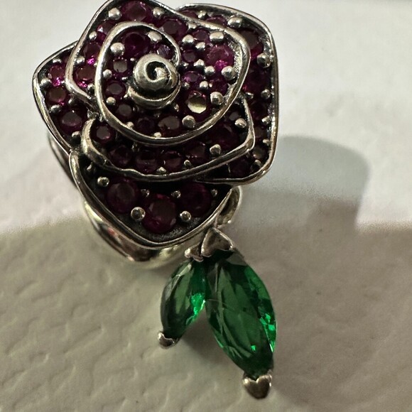 Authentic PANDORA Silver Sparkling Pave Red Rose In Bloom Charm - Picture 1 of 8